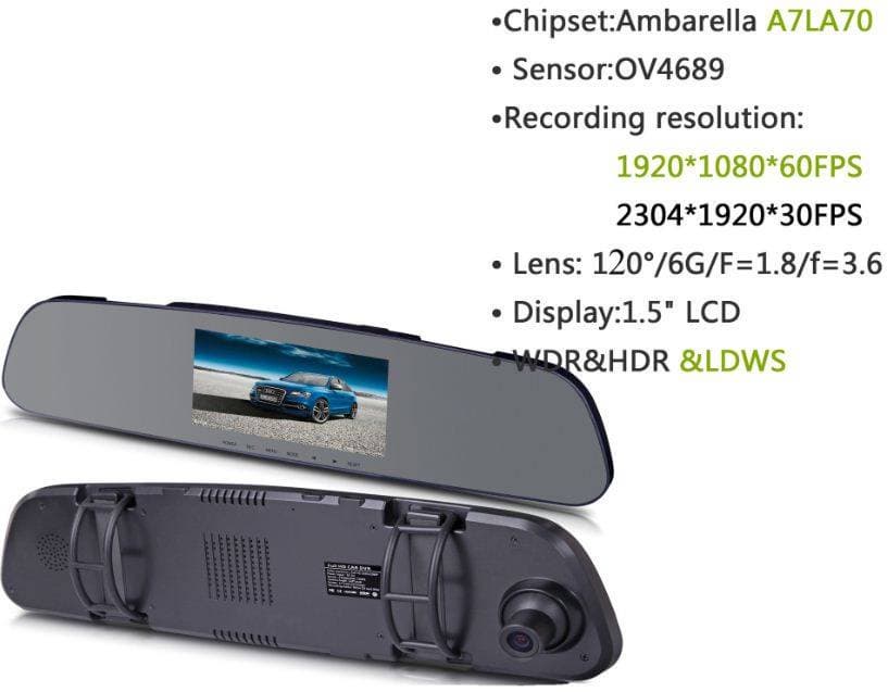 4-3inch LCD HDR A7 car dvr ambarella  full hd 1296P camera dvr car gps car G sensor rearview mirror